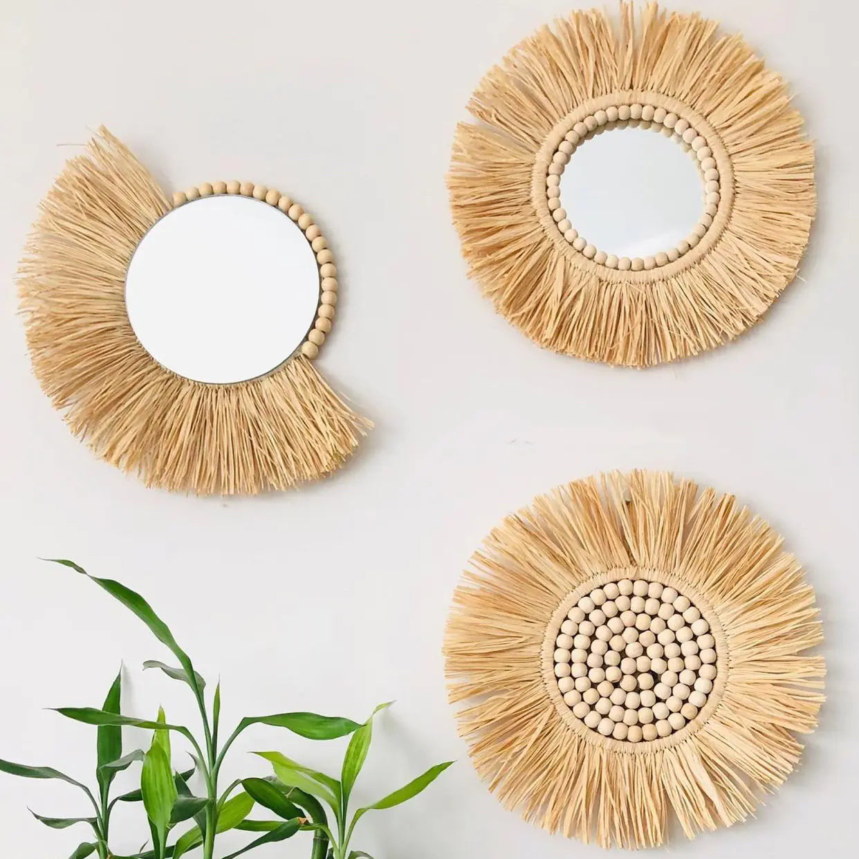 Moroccan Boho Handwoven Straw Wall Mirror.
