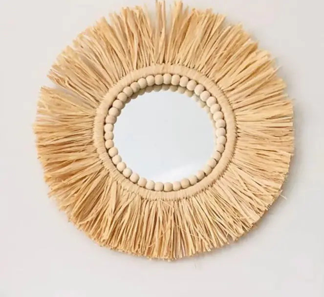 Moroccan Boho Handwoven Straw Wall Mirror.
