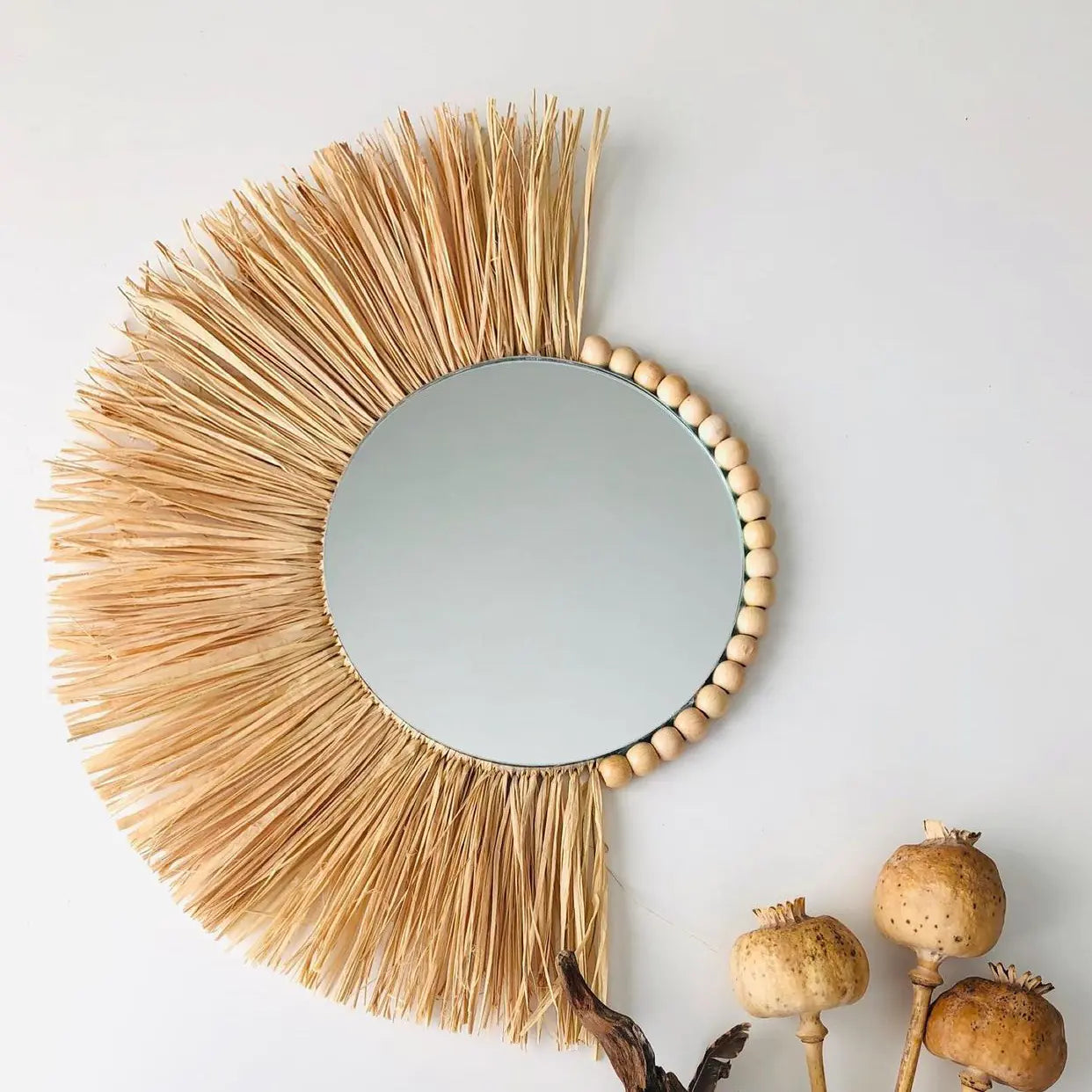 Moroccan Boho Handwoven Straw Wall Mirror.