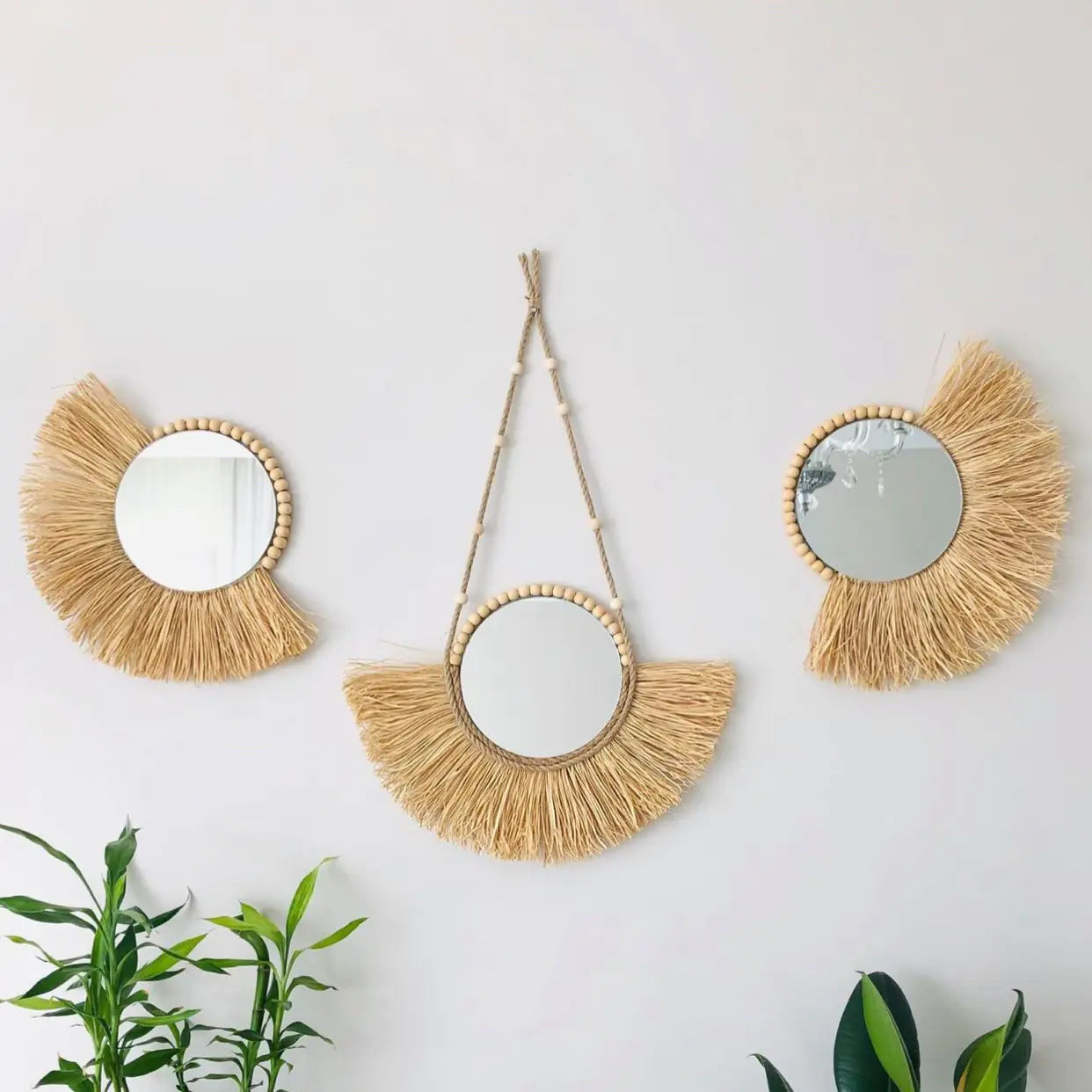 Moroccan Boho Handwoven Straw Wall Mirror.