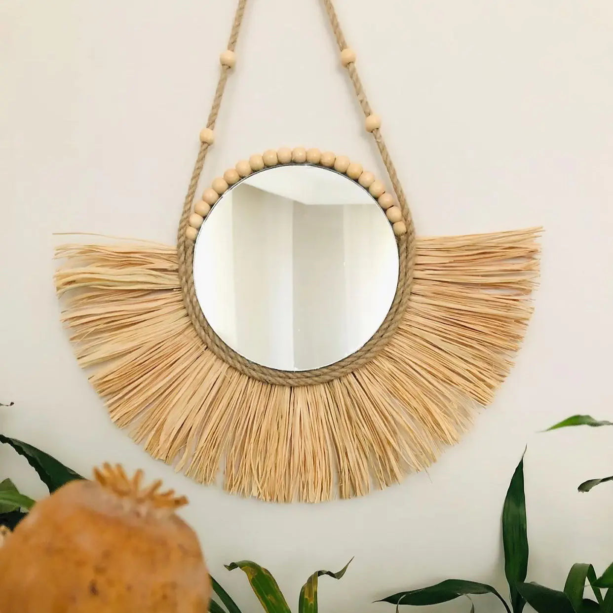 Moroccan Boho Handwoven Straw Wall Mirror.