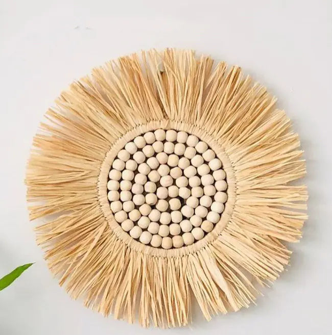 Moroccan Boho Handwoven Straw Wall Mirror.