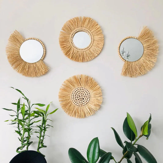 Moroccan Boho Handwoven Straw Wall Mirror.